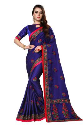 Blue embroidered silk saree with blouse 1