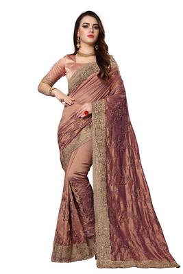 Brown embroidered silk saree with blouse 1