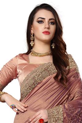 Brown embroidered silk saree with blouse 3