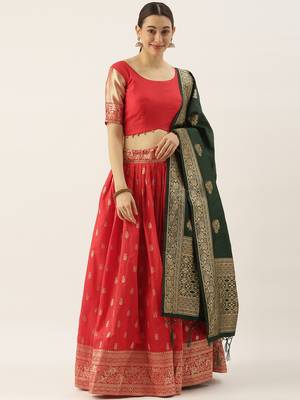 Red woven jacquard unstitched lehenga 1