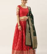 Red woven jacquard unstitched lehenga