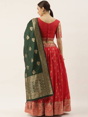Red woven jacquard unstitched lehenga 2