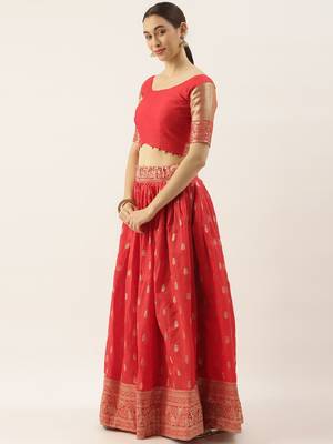 Red woven jacquard unstitched lehenga 3