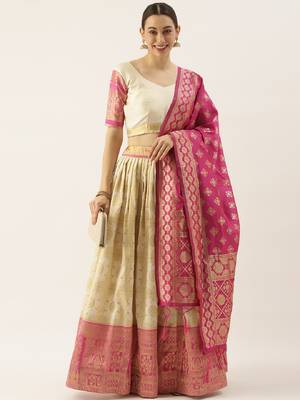 Cream woven jacquard unstitched lehenga 1