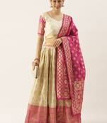 Cream woven jacquard unstitched lehenga