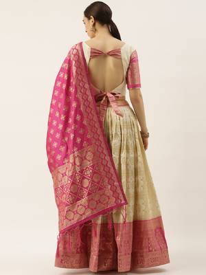 Cream woven jacquard unstitched lehenga 2