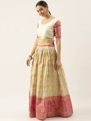 Cream woven jacquard unstitched lehenga 3