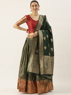 Green woven jacquard unstitched lehenga 1