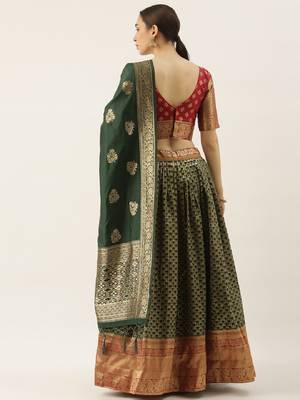Green woven jacquard unstitched lehenga 2