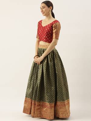 Green woven jacquard unstitched lehenga 3