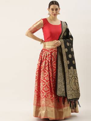 Red woven jacquard unstitched lehenga 1
