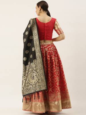 Red woven jacquard unstitched lehenga 2