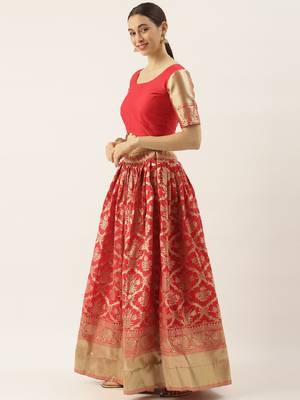 Red woven jacquard unstitched lehenga 3