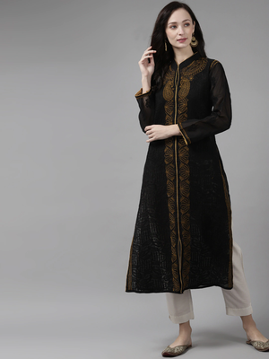 Ada Hand Embroidered Black Cotton Lucknowi Chikankari Indian Women Kurta - A230739 1