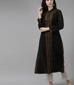 Ada Hand Embroidered Black Cotton Lucknowi Chikankari Indian Women Kurta - A230739