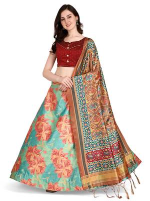 Turquoise printed silk unstitched lehenga 1