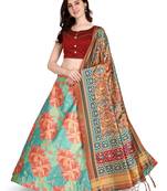 Turquoise printed silk unstitched lehenga