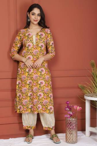 YELLOW PRINTED KURTA AND BOTTOM