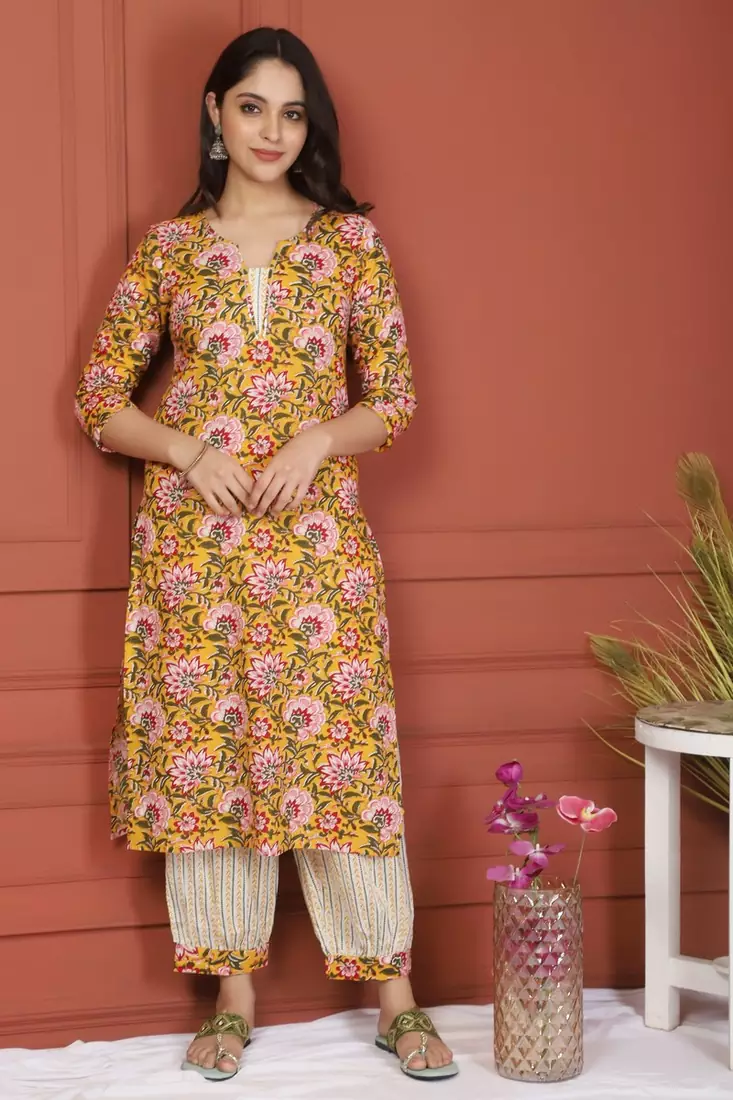 YELLOW PRINTED KURTA AND BOTTOM