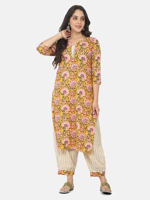 Yellow Printed Kurta And Bottom 5
