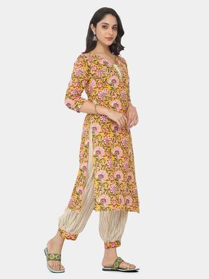 Yellow Printed Kurta And Bottom 7