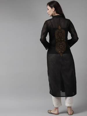 Ada Hand Embroidered Black Cotton Lucknowi Chikankari Indian Women Kurta - A230739 2