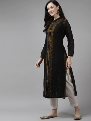 Ada Hand Embroidered Black Cotton Lucknowi Chikankari Indian Women Kurta - A230739 3