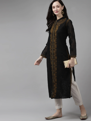 Ada Hand Embroidered Black Cotton Lucknowi Chikankari Indian Women Kurta - A230739 4