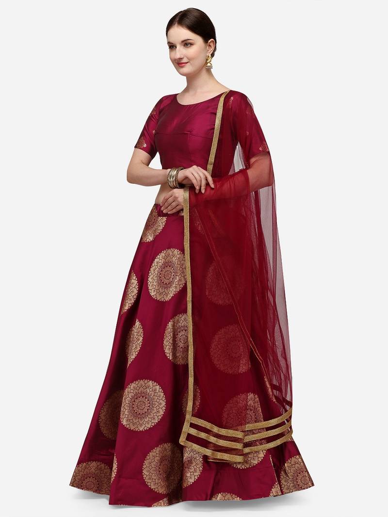 Purple & Gold-Toned Semi-Stitched Lehenga & Unstitched Blouse With Dupatta