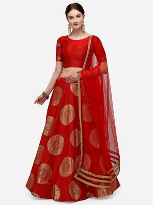 Red & Gold-Toned Semi-Stitched Lehenga & Unstitched Blouse With Dupatta 1