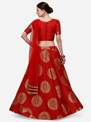 Red & Gold-Toned Semi-Stitched Lehenga & Unstitched Blouse With Dupatta 2