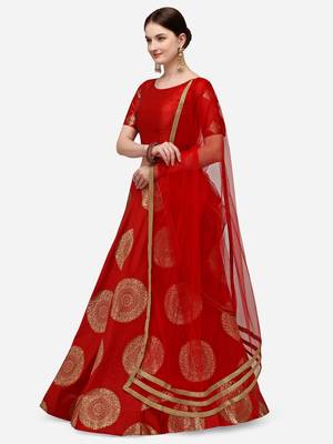 Red & Gold-Toned Semi-Stitched Lehenga & Unstitched Blouse With Dupatta 3