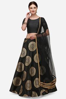 Black & Gold-Toned Semi-Stitched Jacquard Banarasi Silk Lehenga Choli