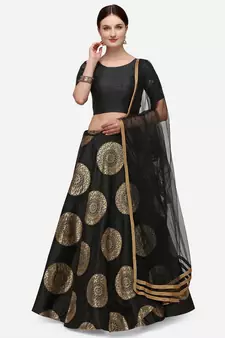 Black & Gold-Toned Semi-Stitched Jacquard Banarasi Silk Lehenga Choli