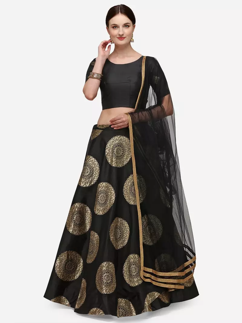 Black & Gold-Toned Semi-Stitched Jacquard Banarasi Silk Lehenga Choli