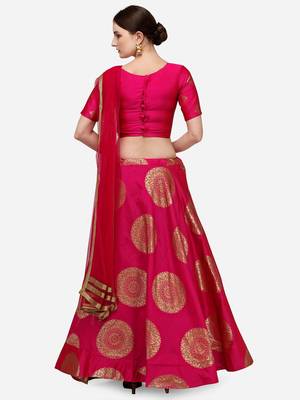 Pink & Gold-Toned Semi-Stitched Lehenga & Unstitched Blouse With Dupatta 2