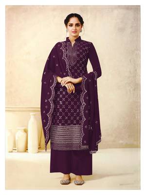 Women's Georgette Purple Embroidered Semi Stitched Salwar Suit Palazzo Material 1