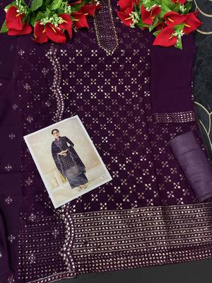 Women's Georgette Purple Embroidered Semi Stitched Salwar Suit Palazzo Material 2
