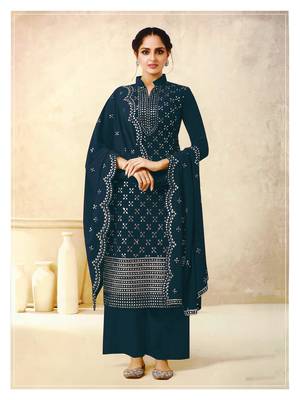 Women's Georgette Blue Embroidered Semi Stitched Salwar Suit Palazzo Material 1