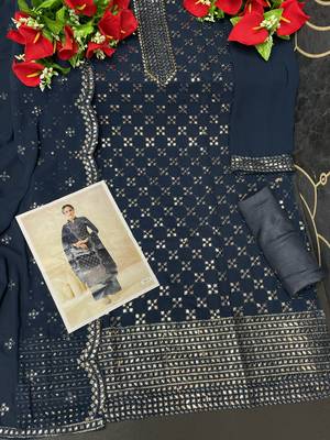 Women's Georgette Blue Embroidered Semi Stitched Salwar Suit Palazzo Material 2