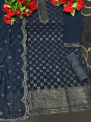 Women's Georgette Blue Embroidered Semi Stitched Salwar Suit Palazzo Material 3