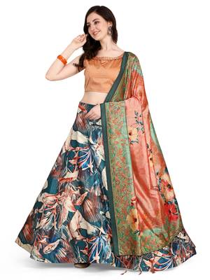Blue printed silk unstitched lehenga 1