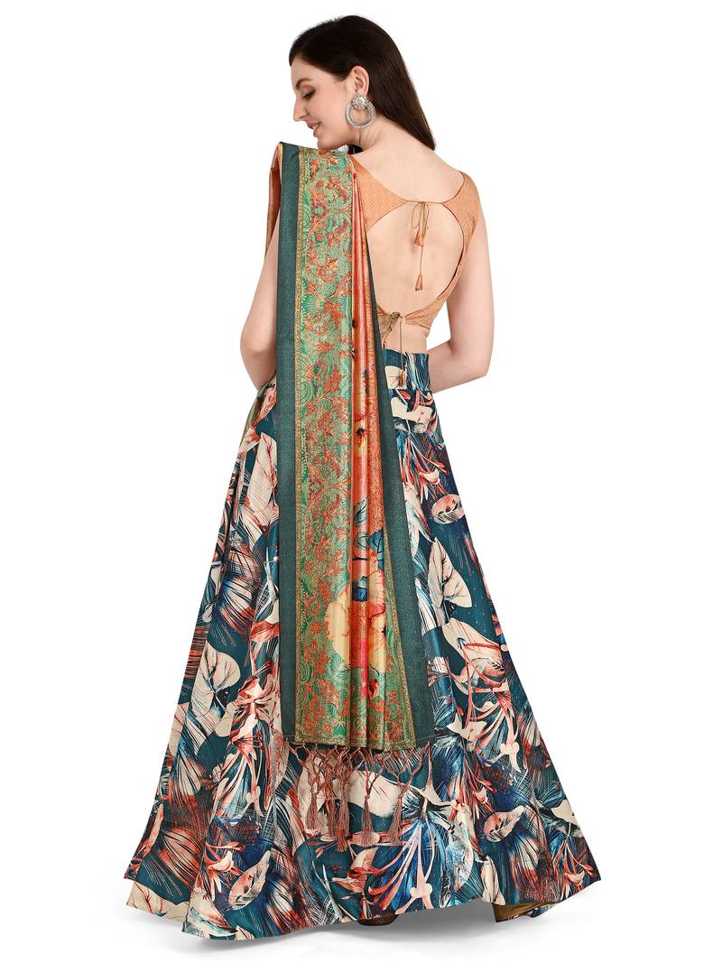 Blue printed silk unstitched lehenga
