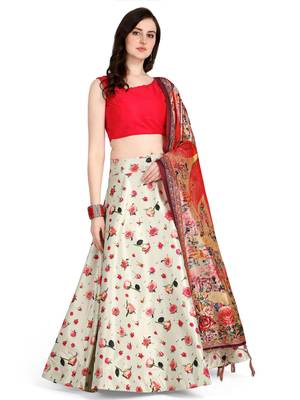 Cream printed silk unstitched lehenga 1