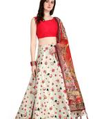 Cream printed silk unstitched lehenga