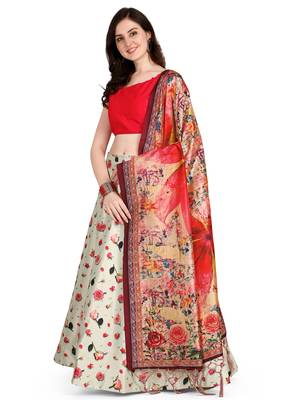 Cream printed silk unstitched lehenga 2