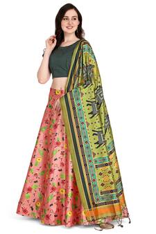Pink printed silk unstitched lehenga
