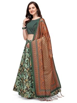 Green printed silk unstitched lehenga 2
