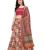 Brown printed silk unstitched lehenga