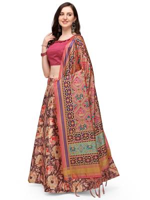 Brown printed silk unstitched lehenga 2